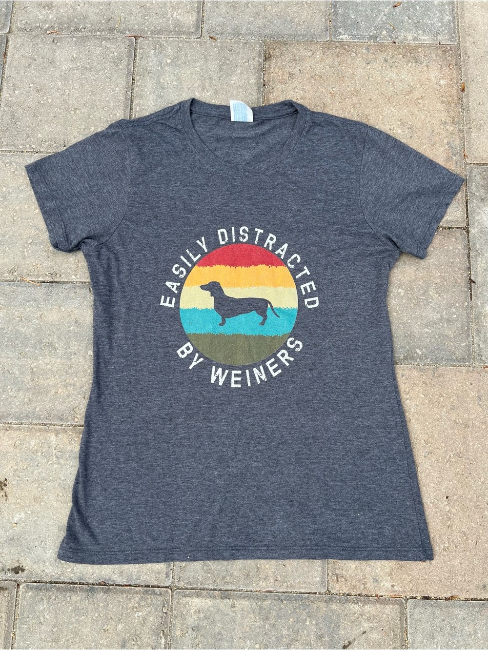 Easily Distracted by Weiners Dachshund Tee Womens Medium Charcoal Grey Graphic M